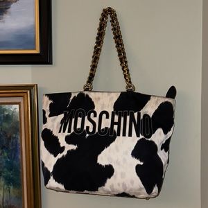 Moschino XL cow Print Tote Bag purse Gold Chain Vintage costume halloween